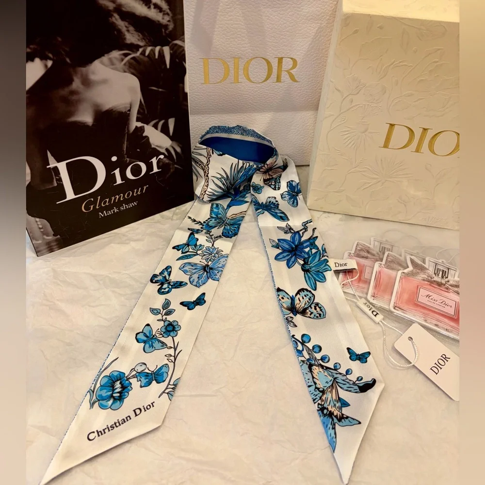 DIOR BEAUTE Butterflies 100% Silk Scarf, Round Box/Shopping bag and 3 Fresheners